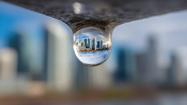 London canary wharf cityscape reflecting in water drop