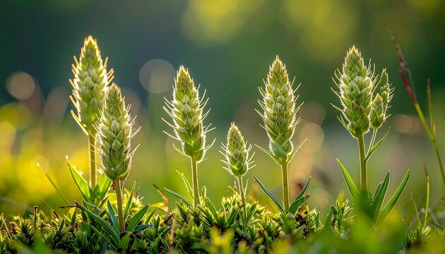 Backlit green plants stand tall in a field of moss under a bokeh background of trees in golden sunlight