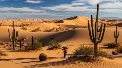 Expansive desert scene featuring various cacti, sand dunes, and a vast blue sky