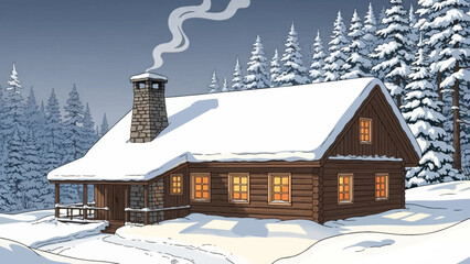 Cozy log cabin nestled in a snowy winter forest with smoke rising from the chimney and warm lights glowing in the windows.