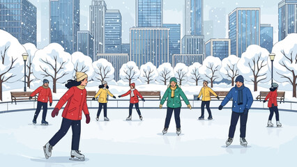 People ice skating on a frozen rink in a city park during a snowy winter day.