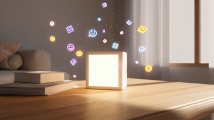 Minimalistic interior scene with a glowing white lightbox on a wooden table, soft warm lighting, and floating colorful emoji icons surrounding
