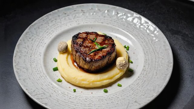 Gourmet grilled filet mignon steak served on creamy mashed potatoes with sauce. Fine dining main course presentation for a restaurant menu. Elegant food on a dark background
