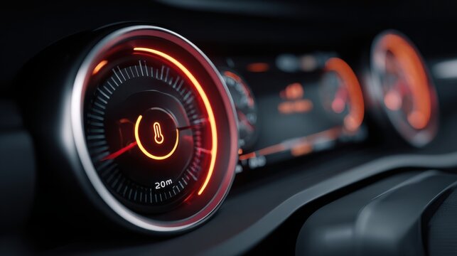 minimalistic dashboard display showing engine overheating symbol, soft reflections, modern interior design, bright clear lighting