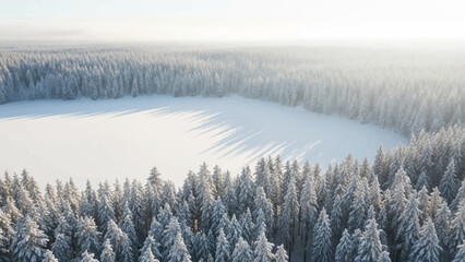 Aerial view of a snow-covered forest surrounding a frozen lake on a sunny day.