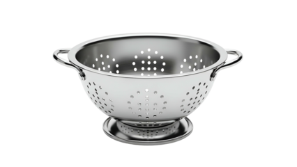 A shiny, stainless steel colander, perfect for draining, isolated against a black background