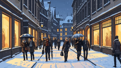 Pedestrians with umbrellas walk along a snow-covered European street lined with illuminated shops at twilight.