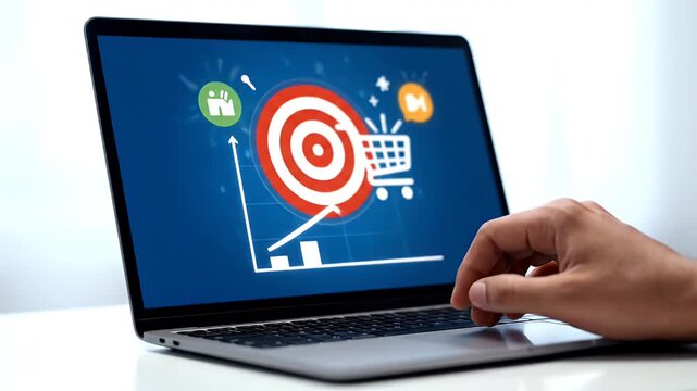 Hand Typing on Laptop with Digital Graphics of Target and Cart on Screen Placed on a White Table and Blurred Light Background