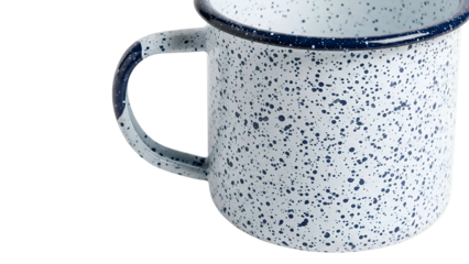 Speckled enamel mug with dark blue trim and handle, set against a black background