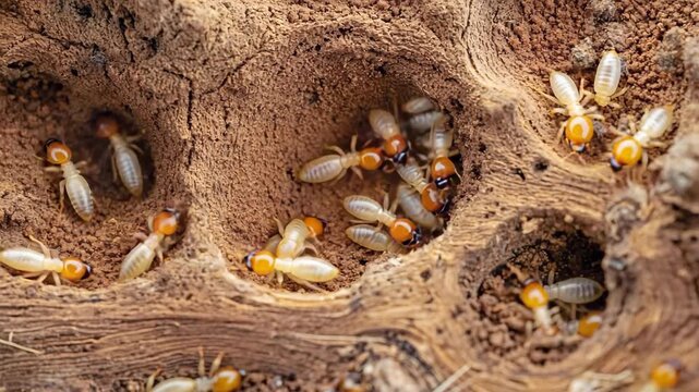 Close up panoramic view of a large termite infestation eating through damaged wood. Pest control concept showing a colony of insects building tunnels and destroying a home