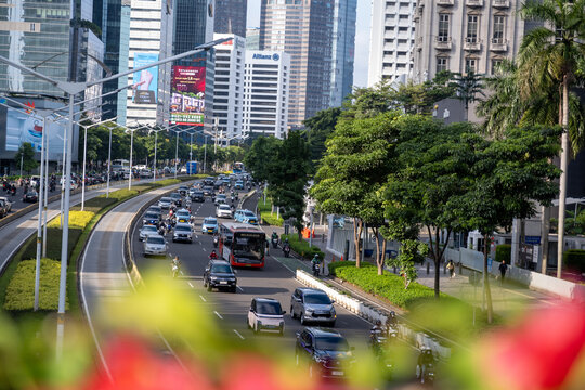 General view of bustling traffic along Sudirman Street on March 21, 2025, in Jakarta, Indonesia