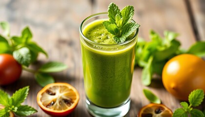 Vibrant green smoothie in glass, garnished with mint, green smoothie,   diet