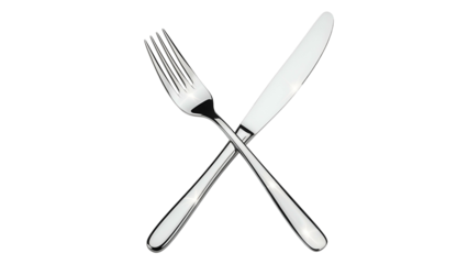 Silver fork and knife crossed on black. Elegant, shiny utensils