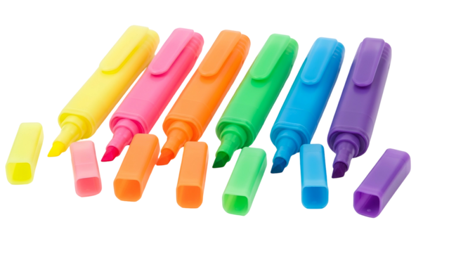A collection of six colorful highlighter pens, each with a cap removed, set against black