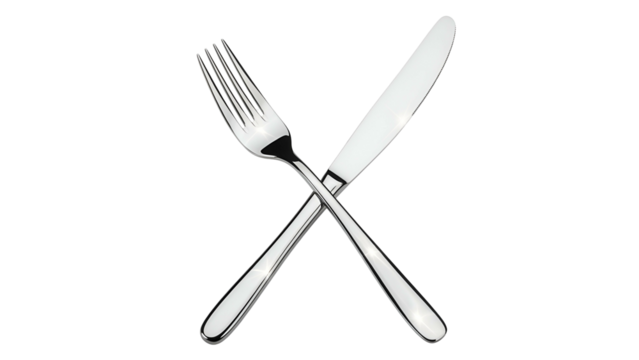 Silver fork and knife crossed on black. Elegant, shiny utensils