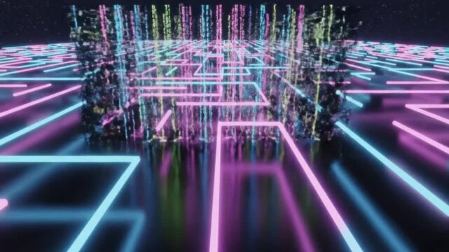 Top-Down Cinematic Neon Maze Dissolving into Digital Code, Glowing Magenta-Cyan, Moody Atmospheric Glide
