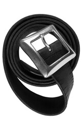 Black folded vintage leather belt silvery chrome solid brass metallic square center bar buckle large vertical isolated macro closeup old rustic worn men's smart casual middle bridge accessory flat lay