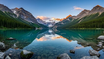Serene mountain lake with crystal-clear turquoise waters and rocky shore. Sunset glow on peaks