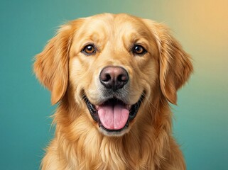 Portrait of a cheerful golden retriever dog with its tongue out, smiling at the camera against a soft, colorful background