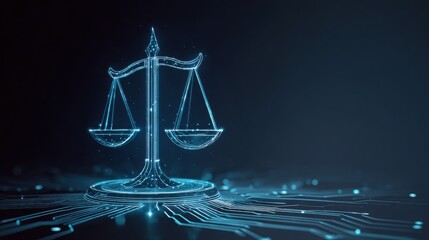 Single glowing holographic icon of scales of justice appearing in mid air, surrounded by abstract futuristic circuit lines, dark gradient background