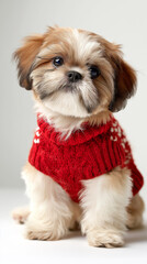 Shih Tzu Puppy Christmas Portrait on Clean White Background with Copy Space