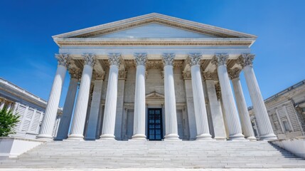 Naklejka premium Single majestic courthouse building in bright daylight, symmetrical classical architecture with marble columns, blue sky background, clear frontal