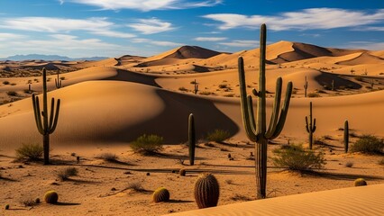Desert scene with towering cacti, sand dunes under a clear blue sky