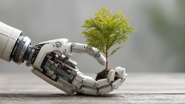 Robot hand carefully holding a small green tree seedling
