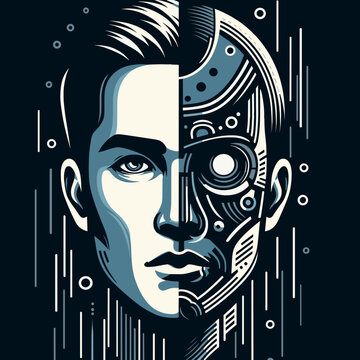 Half human half robot face in a striking and futuristic illustration style