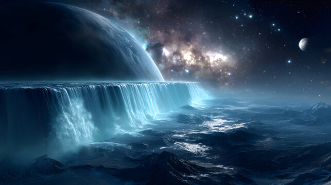Cosmic ocean waterfall under a vast galaxy and distant planet - Powered by Adobe