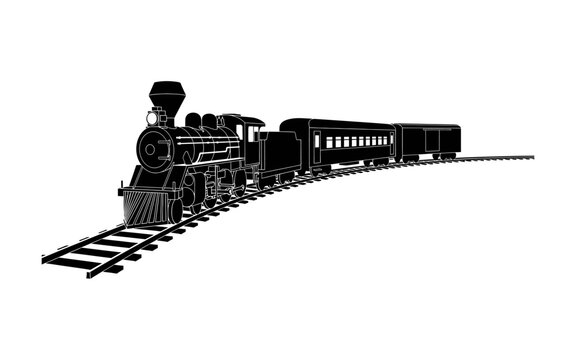 Black silhouette of a vintage steam locomotive train with passenger cars on curved tracks, isolated vector illustration