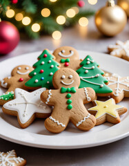 A plate of decorated Christmas cookies featuring gingerbread men, Christmas trees, and stars. Ai