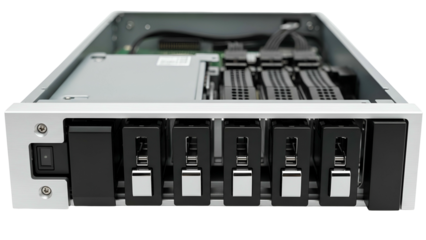 Silver rackmount server enclosure, open view. Front panel with drive bays and power switch