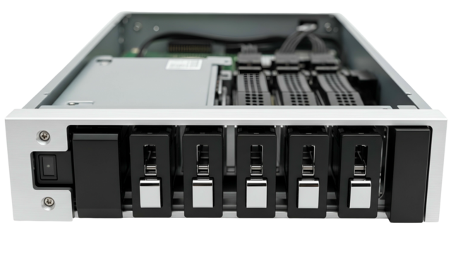 Silver rackmount server enclosure, open view. Front panel with drive bays and power switch