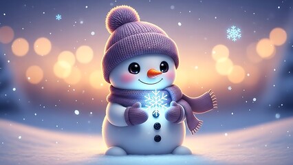 Adorable Cartoon Snowman Holding Glowing Blue Snowflake in a Snowy Dusk Landscape, Soft Purple Hat and Scarf, Falling Snow, Warm Bokeh Lights, Cute Whimsical Winter Holiday Illustration