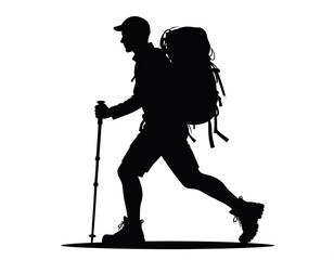Backpacker silhouette. Man, facing left, uses trekking poles, wearing cap, pack, shorts, & boots against a white background