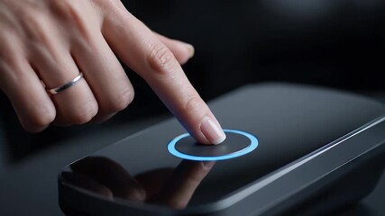 Close Up of Finger Activating Biometric Scan on Black Device with Circular Blue Light in Dark Background for Authentication and Security Technology - Powered by Adobe