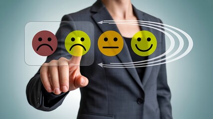 Businesswoman touching customer rating icons showing service satisfaction levels
