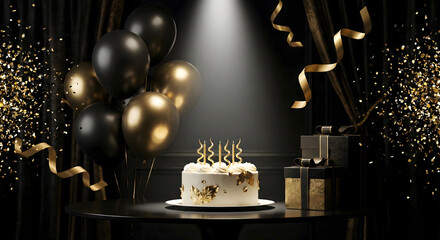 Elegant black and gold birthday celebration setup with cake and balloons