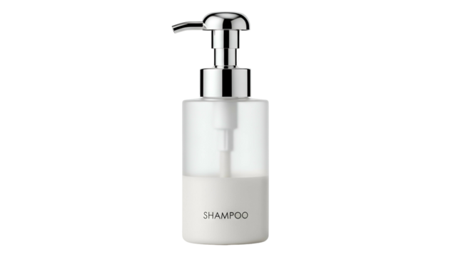 Sleek, frosted plastic shampoo bottle with a shiny silver pump against a black background