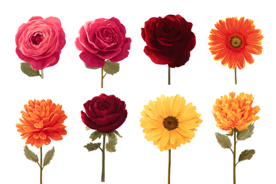 Assortment of colorful flowers isolated on transparent background, including roses and daisies