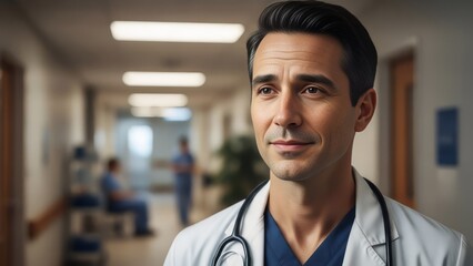 Concerned male doctor wearing a stethoscope in a hospital corridor showing compassion and professionalism