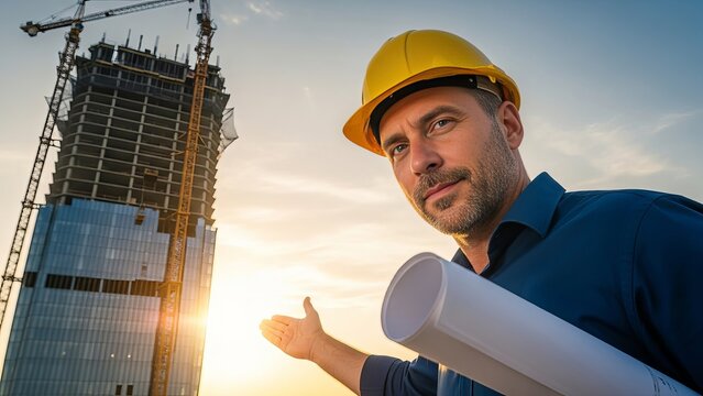 Architect showcases building plans with skyscraper in background during golden hour
