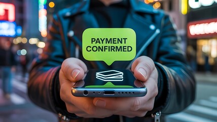 Mobile phone showing payment confirmed message in modern city environment
