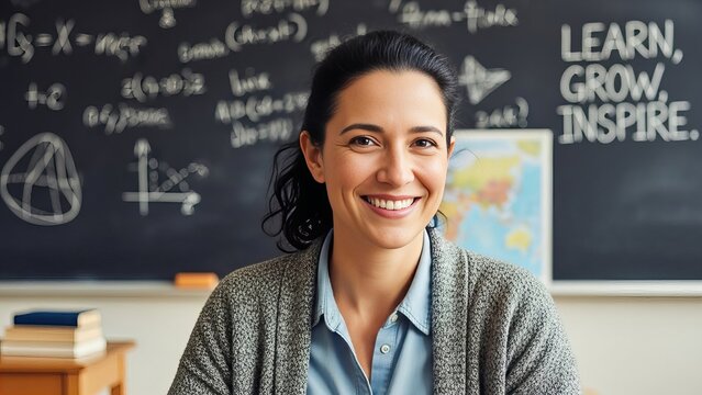 Smiling female teacher with kind eyes in an educational setting, inspiring students in front of a chalkboard