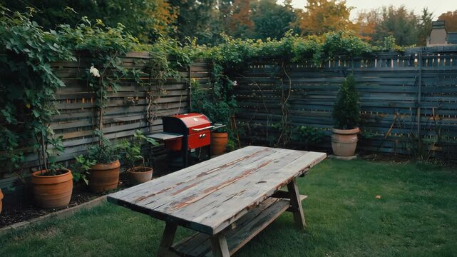Peaceful backyard garden with a rustic picnic table and red barbecue grill for a summer cookout. Tranquil outdoor space with a green lawn and a wooden fence covered in vines