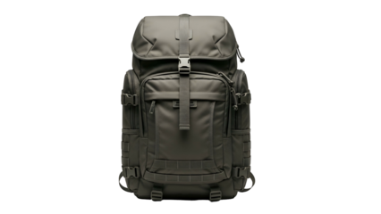 An olive-toned backpack, designed for outdoor use, stands centered against a black backdrop