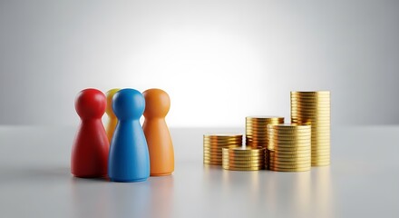 Colorful figurines and stacks of coins isolated on white background