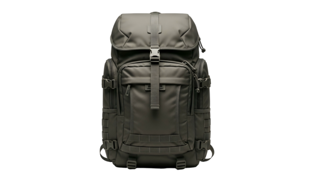 An olive-toned backpack, designed for outdoor use, stands centered against a black backdrop