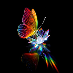 Obraz premium Crystal butterfly sculpture with rainbow colored wings perches on a diamond flower isolated on black background. The light catches the facets, creating prism effects reflections with spectrum streaks